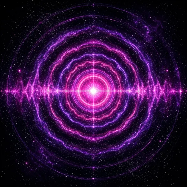 Abstract cover art: glowing pink and violet rings radiating like a pulsar
