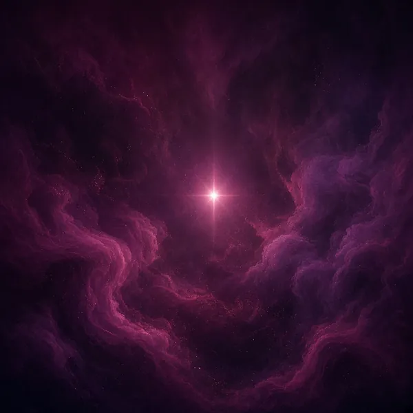 Abstract cover art: a single bright star in plum nebula clouds